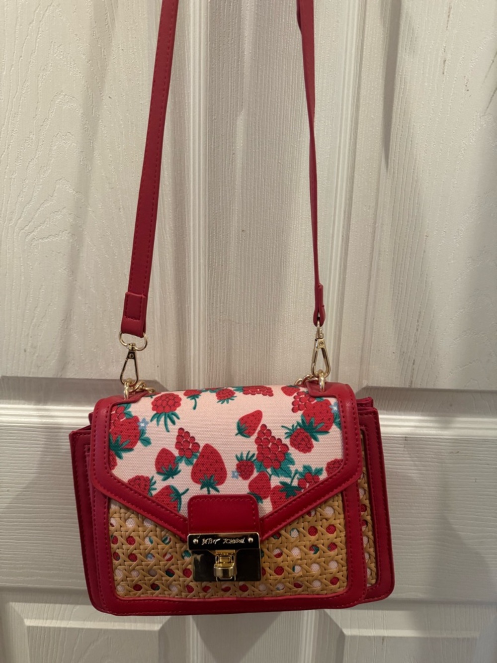 Betsey Johnson Red Straw & Strawberry Print Crossbody Bag